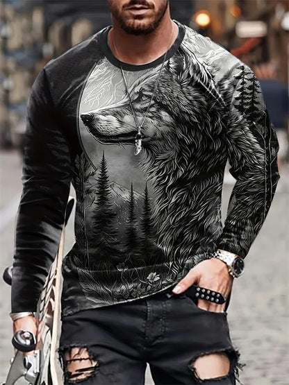2024 New Wolf Print Men's Long Sleeve T-shirt Spring and Autumn Daily Casual Street Fashion Men's Long Sleeve T-shirt