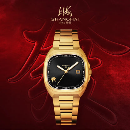 Montre mécanique vintage Shanghai Square, montre automatique pour homme en or 24 carats, boîtier de 38 mm, acier inoxydable 316L, montre-bracelet de luxe SH030
