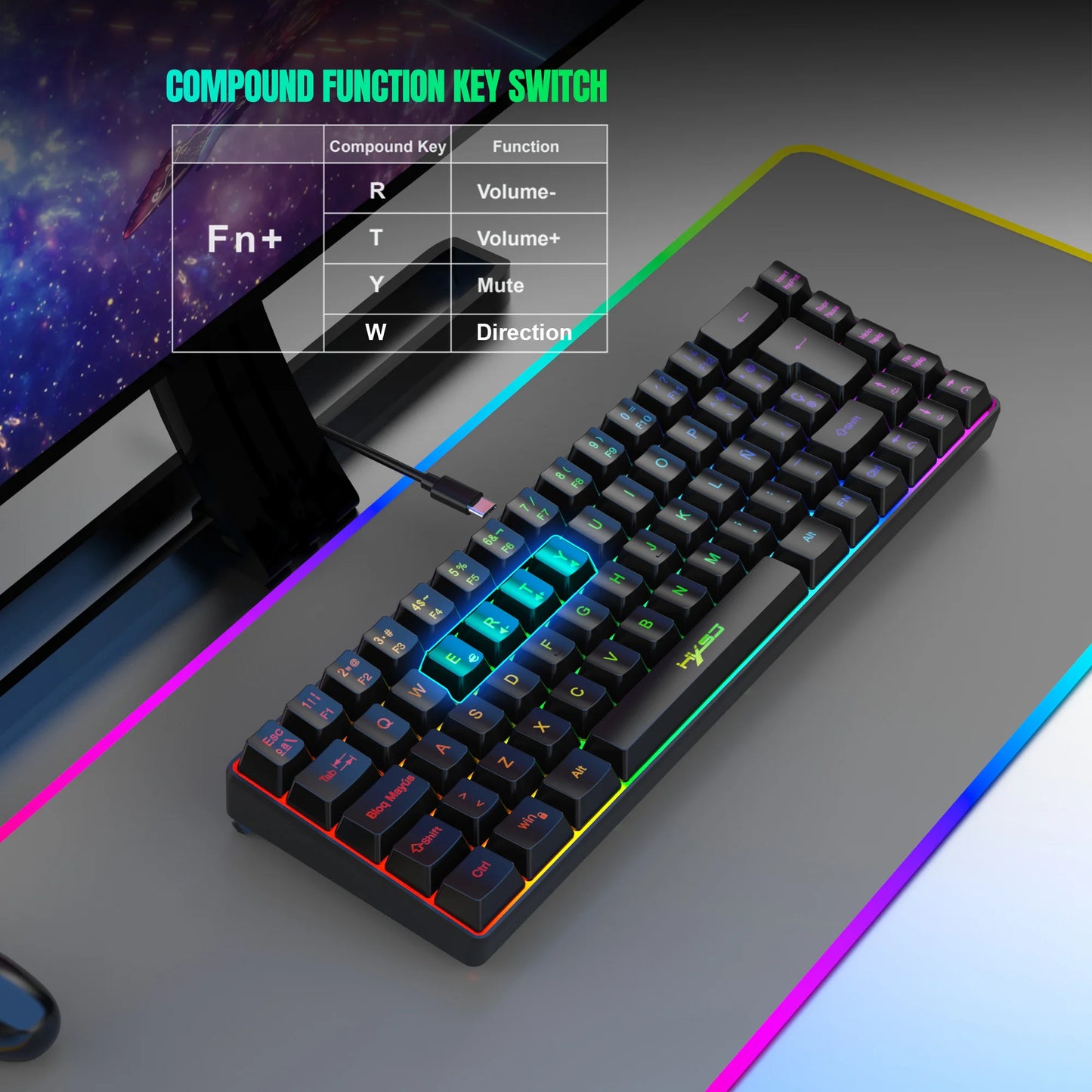Hot Sale! 69-Key RGB Backlit Wired Gaming Keyboard, 68% Compact Design, A Must-Have Gadget for Office Workers and Gamers
