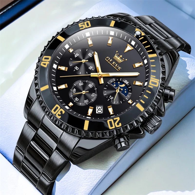 Orologio OLEVS da uomo, marchio di lusso, orologio militare al quarzo dorato, impermeabile, datario luminescente, cassa in acciaio inossidabile.