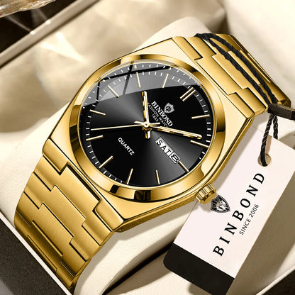 Relógio de pulso de luxo BINBOND com movimento de quartzo, luminoso, estanque, com indicação do dia da semana e data automática, bracelete em aço, estilo empresarial, desportivo, moderno e casual.