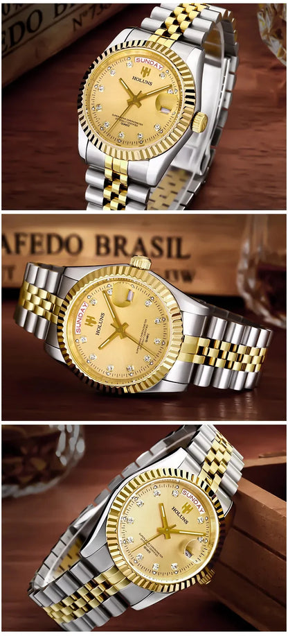 Relojes de hombre Holuns Luxury Classic de 36/41 mm en oro, con movimiento de cuarzo MIYOTA de Japón, de acero inoxidable, reloj de pulsera clásico de negocios, resistente al agua