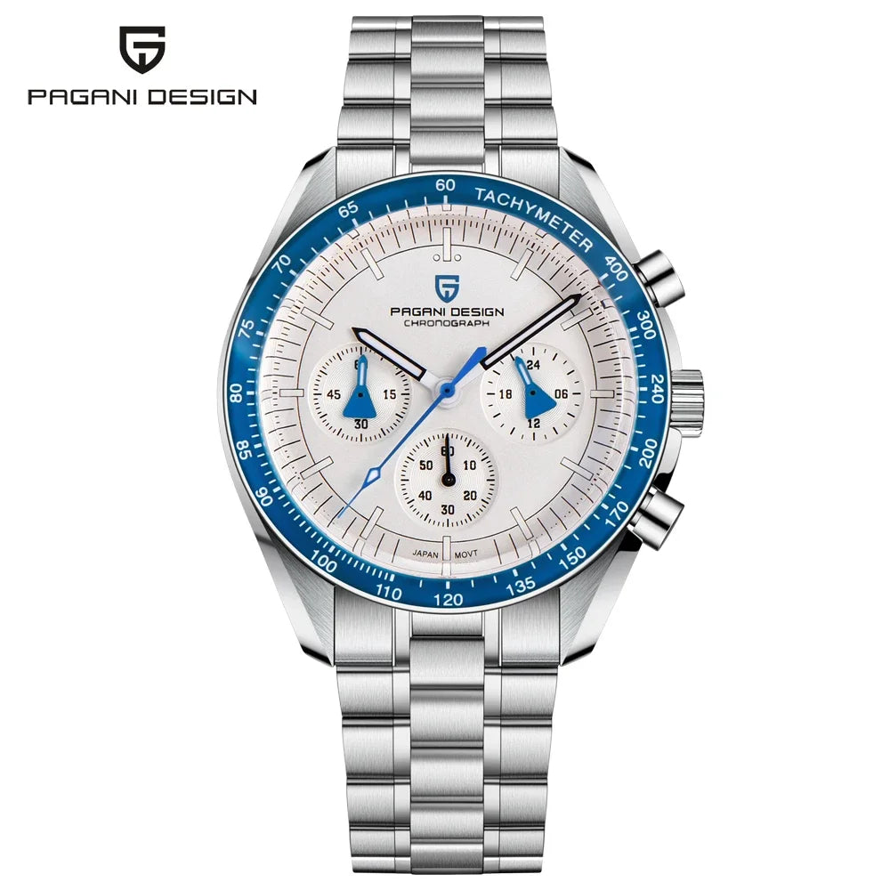 Orologio da uomo PAGANI DESIGN «New Moon» – Orologio al quarzo di lusso, cronografo, vetro zaffiro con trattamento antiriflesso, lunetta in ceramica, lancette luminescenti