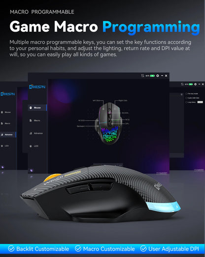12800DPI 2.4G Wireless Bluetooth Wired Tri-mode Mouse Mute Button Macro Programming Carbon Fiber Gaming Mouse 500mAh 7 Keys
