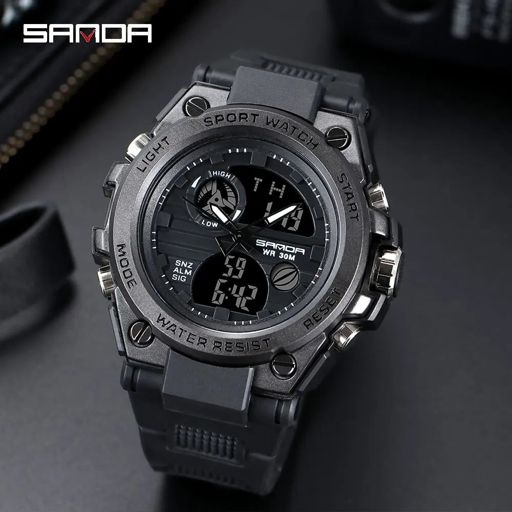 SANDA Montres de luxe haut de gamme pour homme, montre militaire, montre-bracelet sportive étanche, montre à double affichage, Relogio Masculino