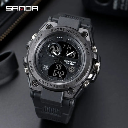 SANDA Montres de luxe haut de gamme pour homme, montre militaire, montre-bracelet sportive étanche, montre à double affichage, Relogio Masculino