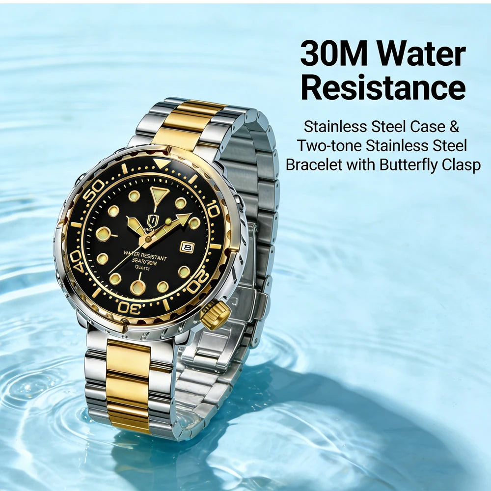 Montres pour homme QINGXIYA : montres de luxe à quartz pour homme, tendance, étanches, luminescentes, avec date et cadran rotatif, en acier inoxydable
