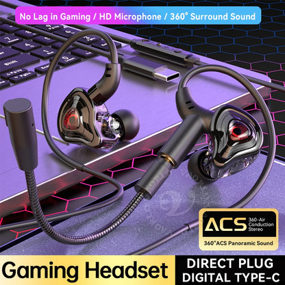 3.5mm/Type-C/USB  E-sports Gaming Headset 360° Surround Sound, HiFi Stereo Wired Headphone in-ear dual Mic, PUBG Gaming Earphone