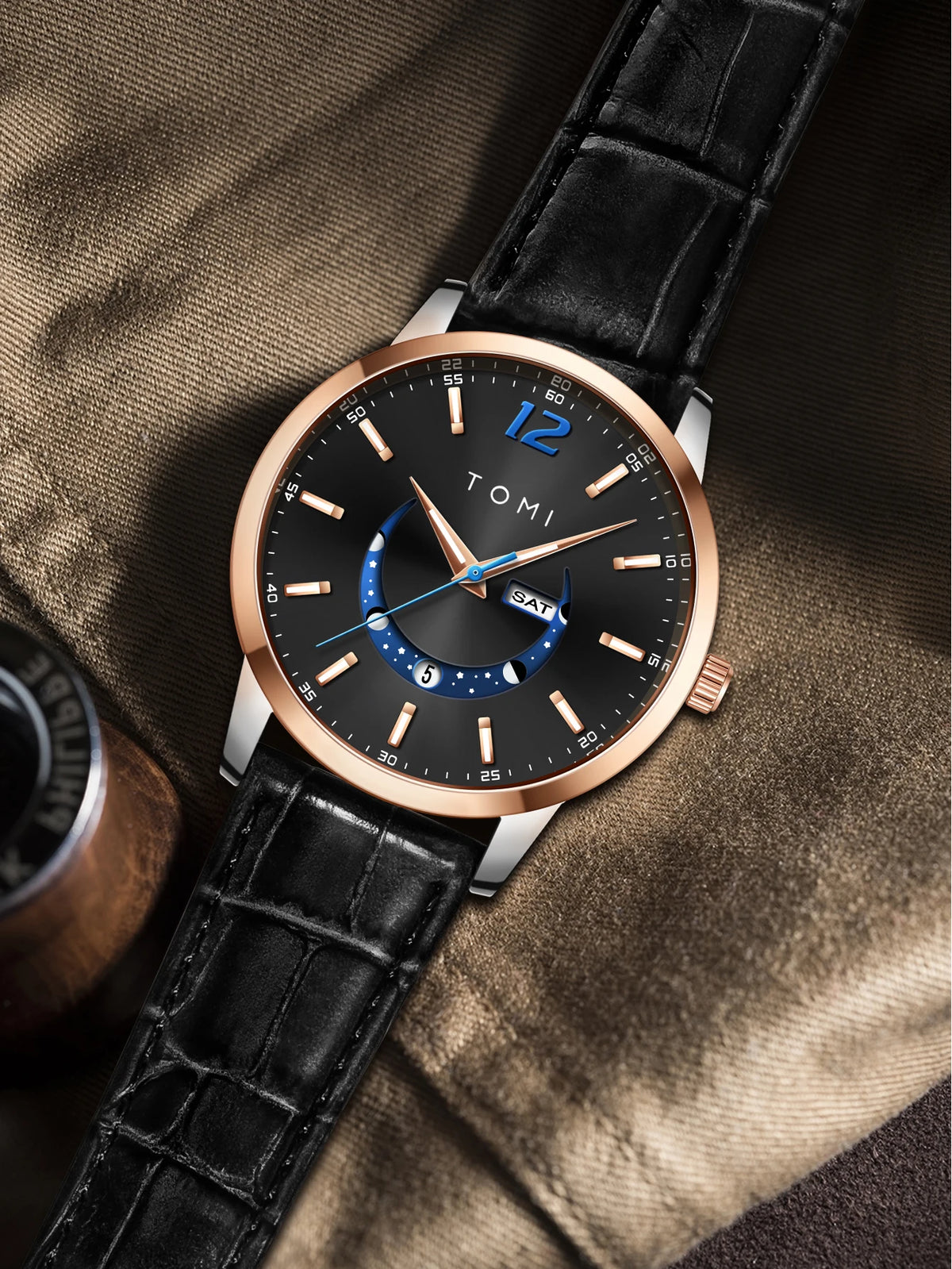 TOMI-kvartsur, elegant i affärsstil, med läderarmband, boett i legering och urtavla med visare – Exklusiv design, presentidé för män