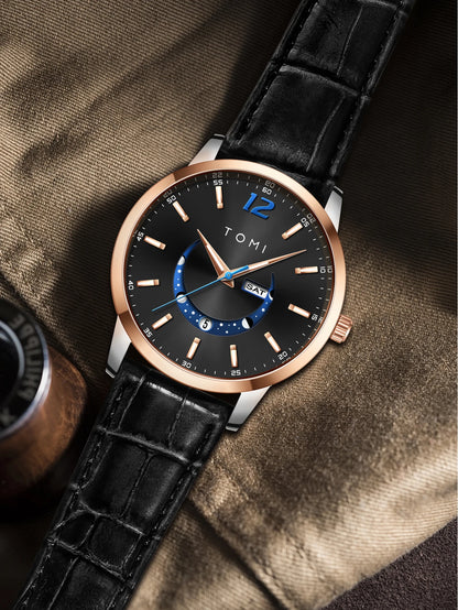 TOMI-kvartsur, elegant i affärsstil, med läderarmband, boett i legering och urtavla med visare – Exklusiv design, presentidé för män