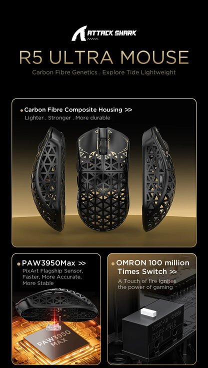ATTACK SHARK R5 Tri-mode Ultra Wireless Gaming Mouse Carbon Fiber 8K ,PAW3950MAX ,8000Hz Wireless Polling Rate, DPI up to 42000