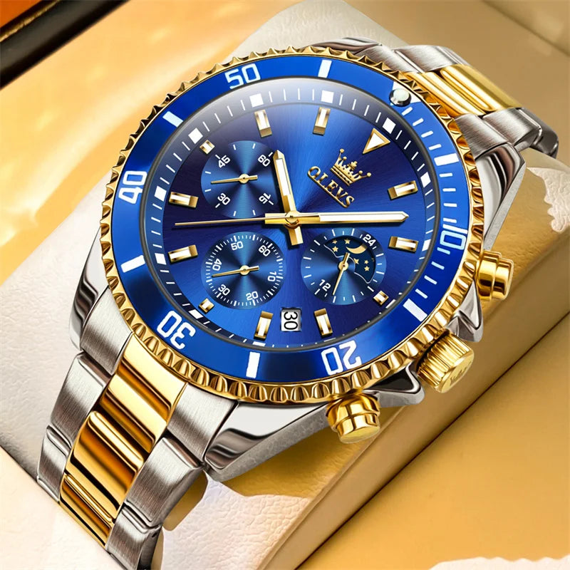 Orologio OLEVS da uomo, marchio di lusso, orologio militare al quarzo dorato, impermeabile, datario luminescente, cassa in acciaio inossidabile.