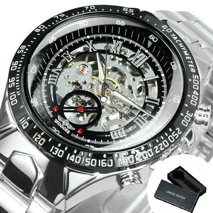 Automatikuhr für Herren WINNER – Transparentes Skelettmodell, leuchtende Zeiger, Edelstahlarmband, mechanische Uhr einer Luxusmarke