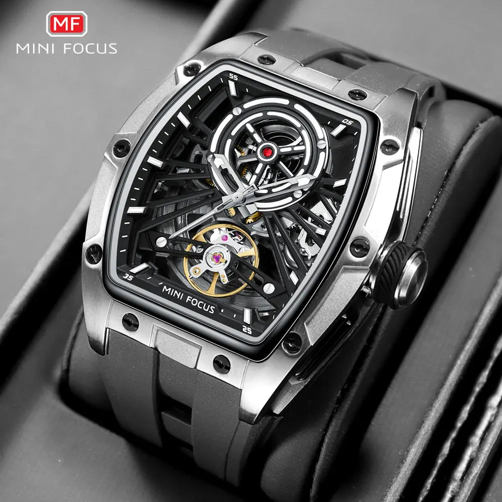 Reloj de pulsera MINI FOCUS para hombre, negro, a la moda, resistente al agua, mecánico automático, con manecillas luminosas, correa de silicona y esfera tonneau