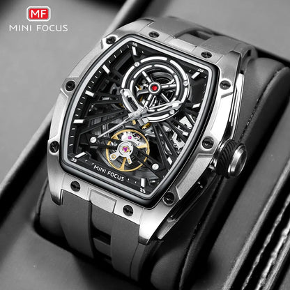 Reloj de pulsera MINI FOCUS para hombre, negro, a la moda, resistente al agua, mecánico automático, con manecillas luminosas, correa de silicona y esfera tonneau