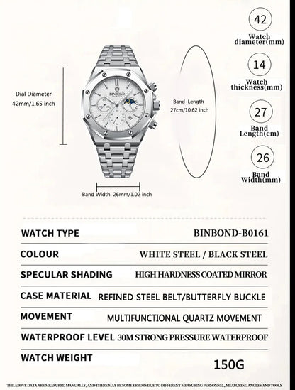 Montre-bracelet à quartz BINBOND pour homme, chronographe de luxe luminescent, en acier inoxydable, étanche, avec date et calendrier
