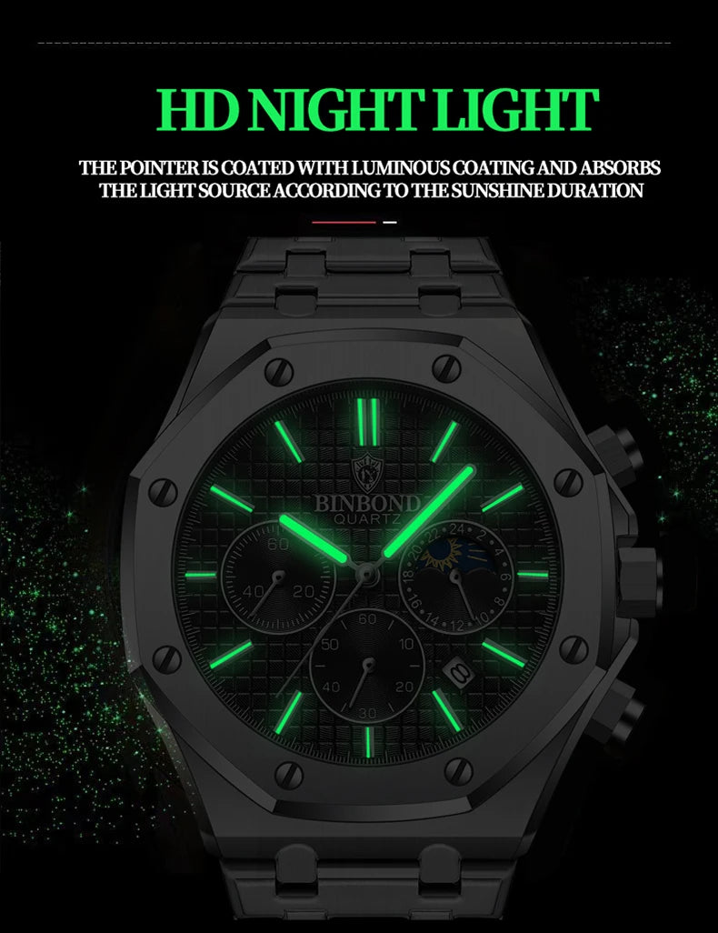 Montre-bracelet à quartz BINBOND pour homme, chronographe de luxe luminescent, en acier inoxydable, étanche, avec date et calendrier