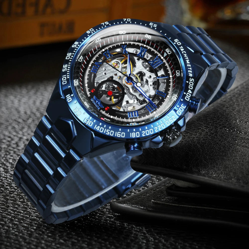Automatikuhr für Herren WINNER – Transparentes Skelettmodell, leuchtende Zeiger, Edelstahlarmband, mechanische Uhr einer Luxusmarke