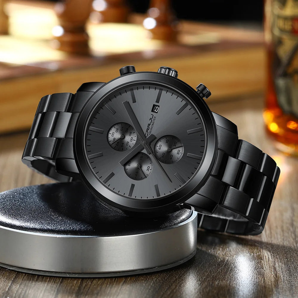 Orologio da uomo CRRJU – Cronografo in acciaio inossidabile, impermeabile, con datario, movimento al quarzo analogico, stile elegante e professionale