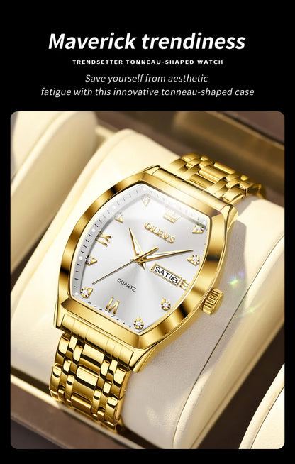 OLEVS Nouvelles montres pour homme Montres à quartz de luxe en or Montres classiques à cadran tonneau Montres à quartz étanches et luminescentes pour homme 5528