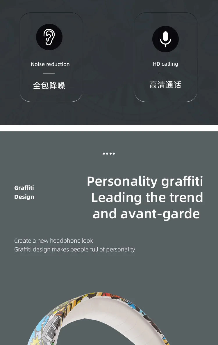 New Graffiti Wireless Overhead Headset with Mic LED Light LX-8686 High Quality TF Card Bluetooth Headphones for PC Gaming Child