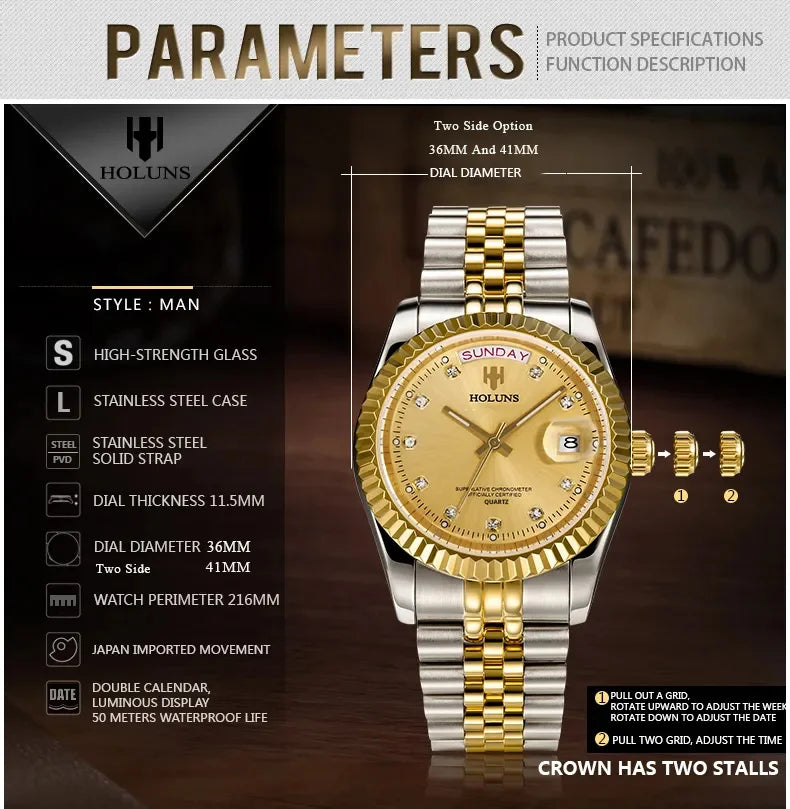 Relojes de hombre Holuns Luxury Classic de 36/41 mm en oro, con movimiento de cuarzo MIYOTA de Japón, de acero inoxidable, reloj de pulsera clásico de negocios, resistente al agua
