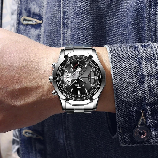 Herrenarmbanduhr im Military-Stil, lässig oder sportlich, mit Quarzwerk, von einer renommierten Marke, komplett aus Edelstahl, wasserdicht