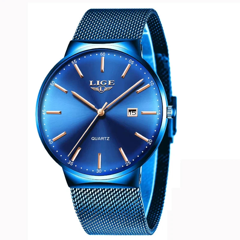 Orologio da uomo LIGE, modello elegante e lussuoso, ultrasottile, impermeabile, con bracciale a maglia, movimento al quarzo, datario e calendario – ideale per uno stile professionale.