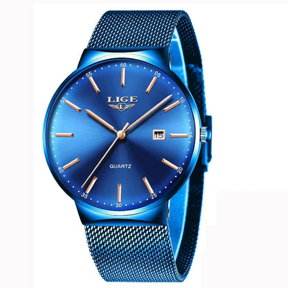 Orologio da uomo LIGE, modello elegante e lussuoso, ultrasottile, impermeabile, con bracciale a maglia, movimento al quarzo, datario e calendario – ideale per uno stile professionale.
