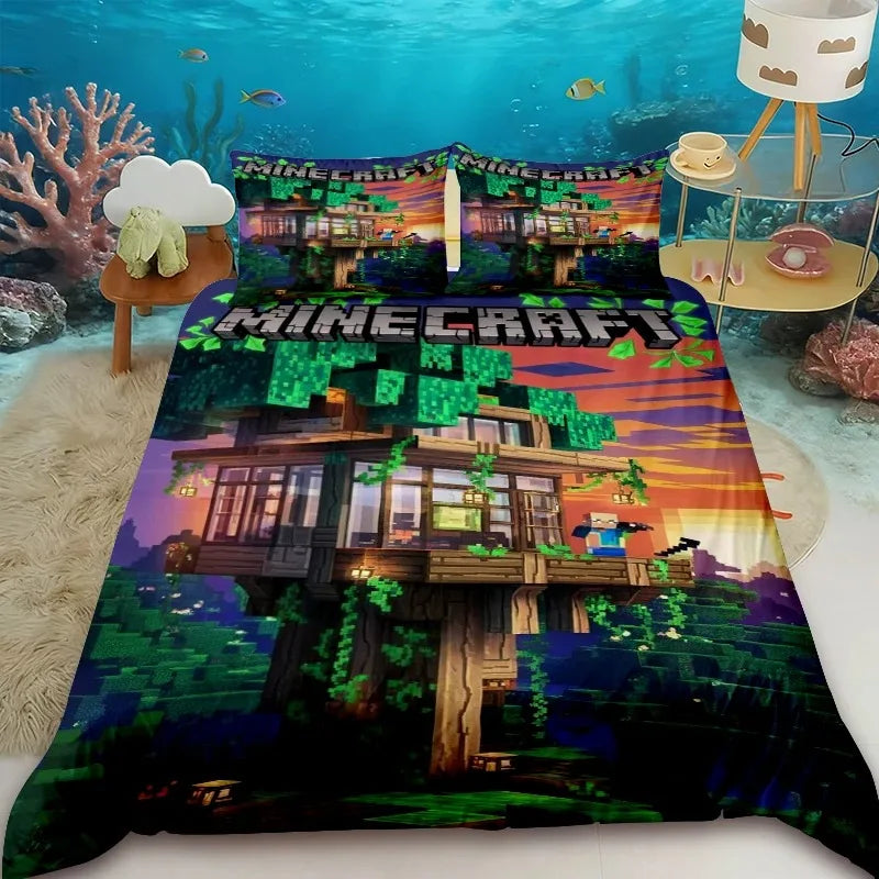Capa de edredão infantil Cartoon Minecraft, conjunto de cama com capa de edredão, tamanho Queen, King e Full, com 1/2 fronha para quarto