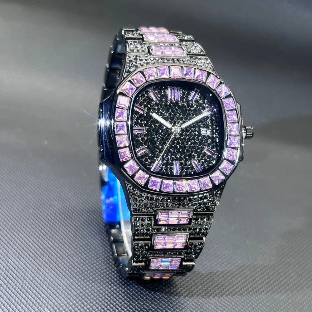 MISSFOX Luxury Watch For Men Rose Iced Out Diamond Hip Hop Quartz Waterproof Clock Men Square Diamond Male Watch 2026 New