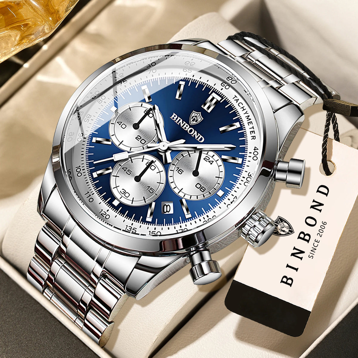 Orologio al quarzo BINBOND da uomo, elegante, robusto e preciso, con data automatica, cronografo, luminescente e impermeabile. Stile casual.