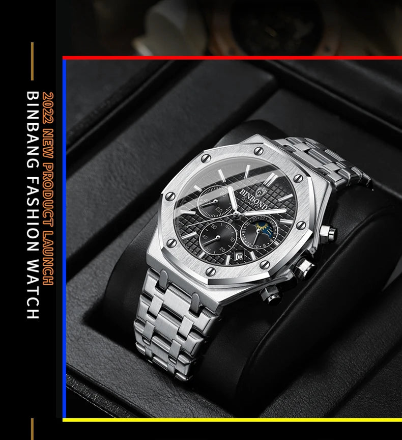 Montre-bracelet à quartz BINBOND pour homme, chronographe de luxe luminescent, en acier inoxydable, étanche, avec date et calendrier