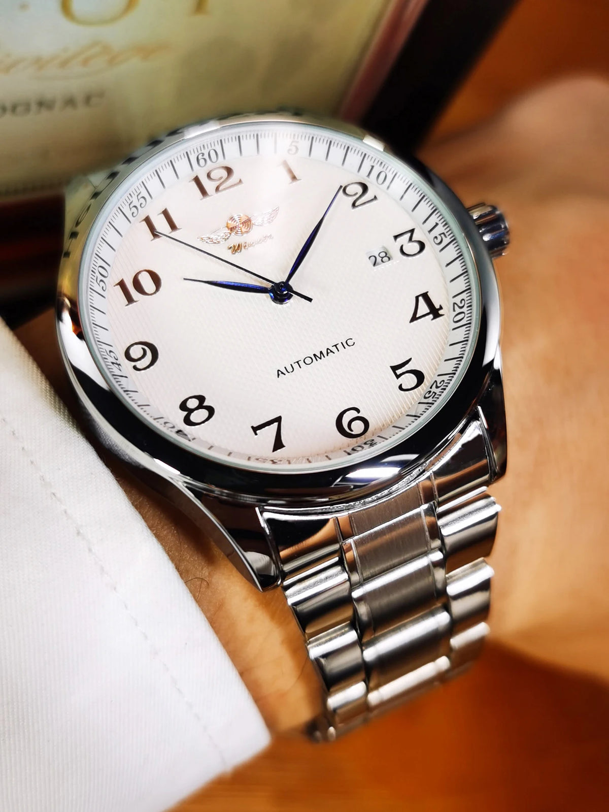 Orologio da uomo WINNER – Stile classico, retrò ed elegante – Orologio meccanico a carica automatica con calendario – Marchio di lusso, cassa in acciaio e cinturino in pelle
