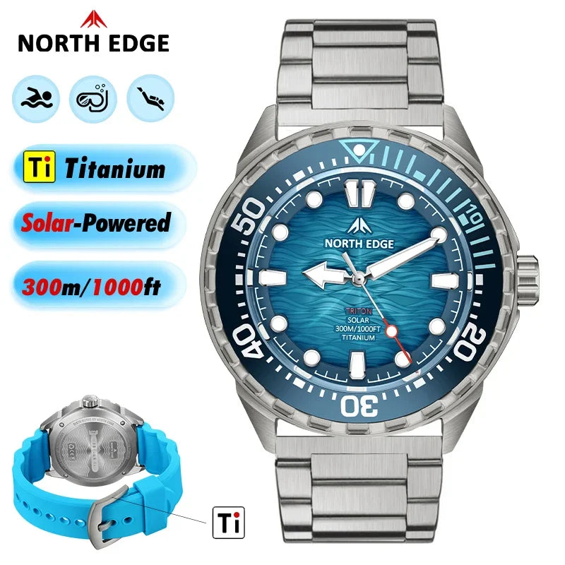 NORTH EDGE NEW+ TRITON-TI Titanium Solar-Powered Diving Watch Luxury Quartz Watches for Men 300M Waterproof 180+ Day Power