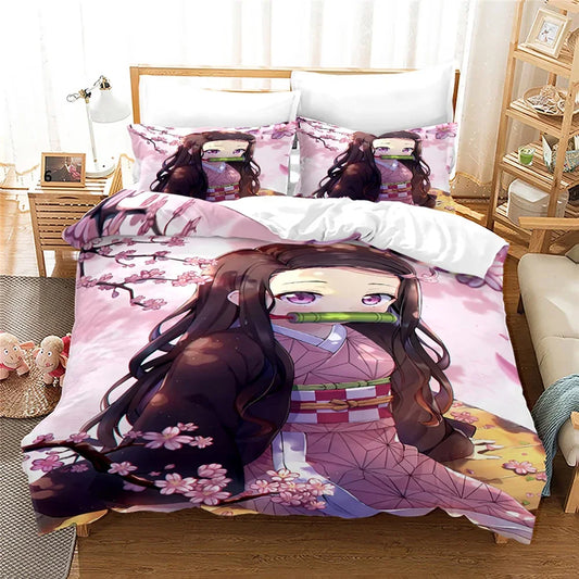 Nezuko Kamado Bedding Set Anime Demon Slayer Duvet Cover Comforter Bed Linen Single Twin Full Queen Size 3D Kids Girls Boys Gift