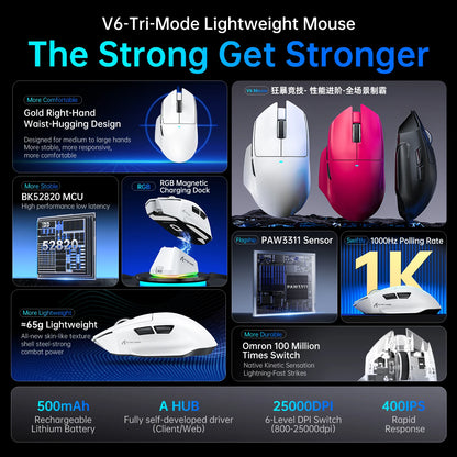 ATTACK SHARK V6  Wireless Gaming Superlight Mouse with RGB Magnetic Charging Dock,PAW3311 Sensor,Macro Gaming Mouse