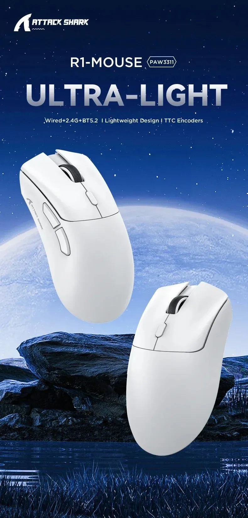 ATTACK SHARK R1 59g Ultra-light Mouse have PAW3311,18000DPI,400IPS,40G,1000Hz,Tri-Mode,Broadcom BK3633 Master,20 Million Times