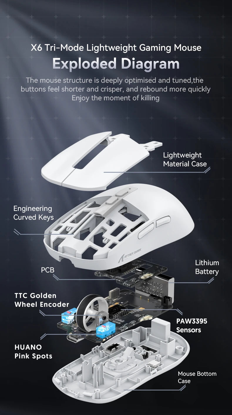 Attack Shark X6 Lightweight Wireless Gaming Mouse with 3 Mode Up to 26K DPI RGB Backlight Charging Base for Laptop Deskbtop