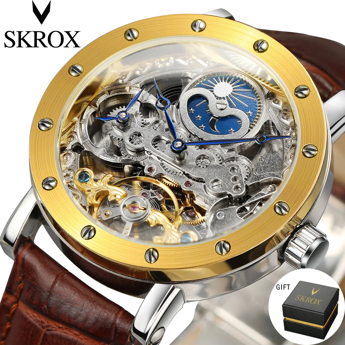Orologio da polso meccanico automatico SKROX da uomo, modello scheletrato con funzione GMT, fasi lunari e tourbillon – Orologio di lusso di alta gamma, elegante e originale.