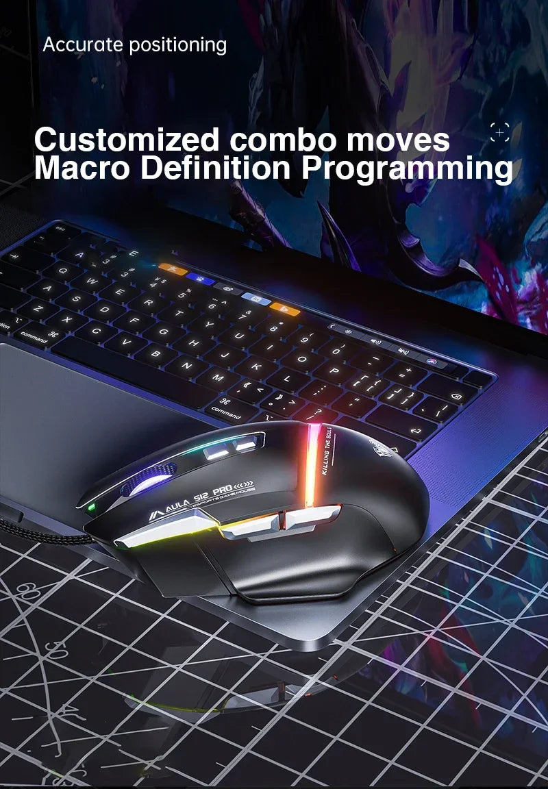 AULA S12Pro Wired Mechanical Mouse 1000HZ 12800DPI RGB Low Latency Macro Defines Esports Gaming Mouse PC Gamer Accessories