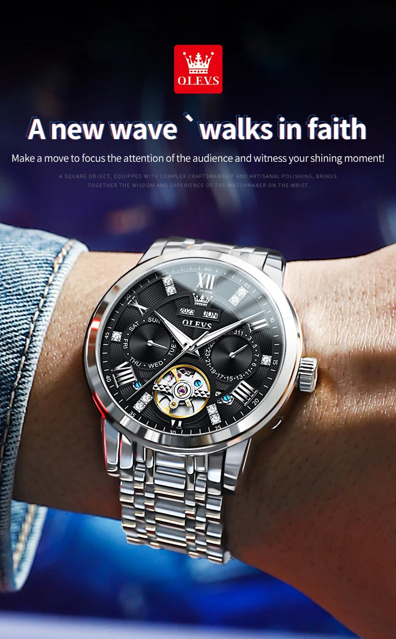 OLEVS Men's Watches Skeketon Flywheel Automatic Mechanical Original Wristwatch for Man Waterproof Luminous Perpetual Calendar