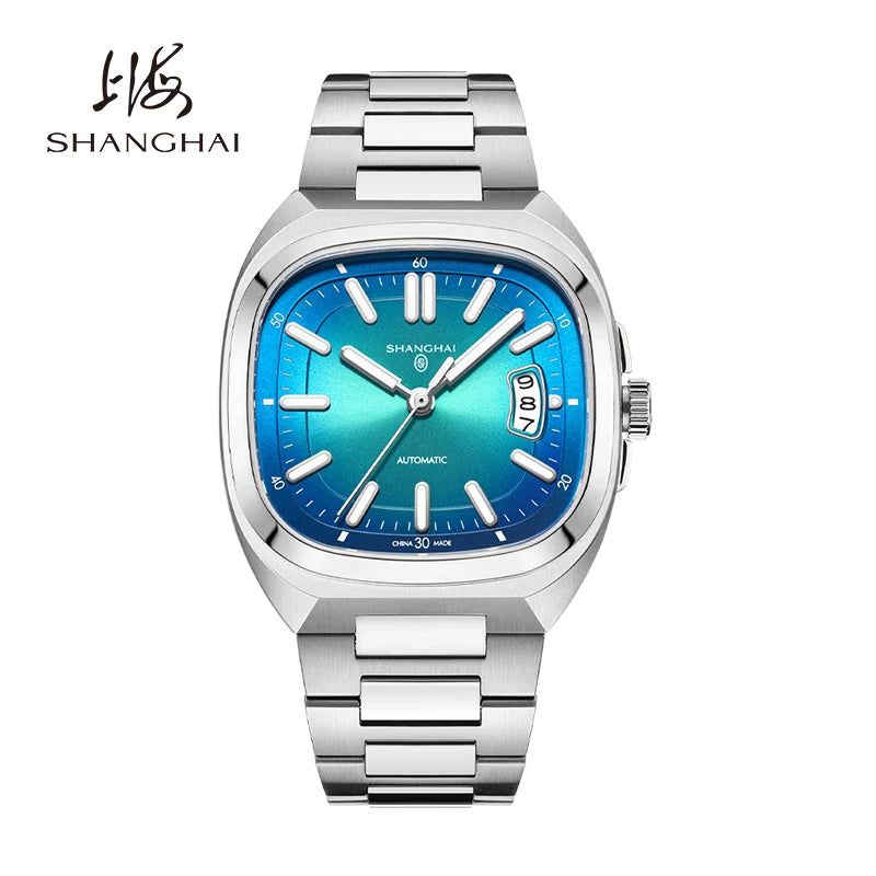 Montre pour homme Shanghai Watch, mécanique automatique, cadran carré, luminescente, étanche jusqu'à 50 m, affichage de la date, montre-bracelet décontractée SH018
