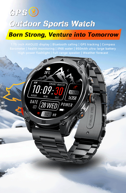 2026 New Military GPS Smart Watch 1000Mah Battery Compass IP68 Waterproof Tactics Sport Flashlight BT call Smart Watch For Men