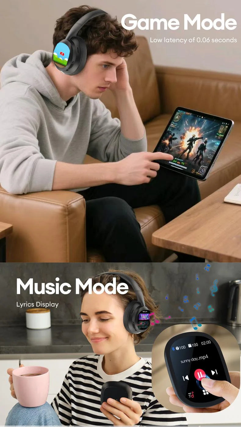 AI LCD Touch Screen Shock Bass Headsets HIFI Sound Wireless Bluetooth Headphones ANC Noise Reduction Gamer Earphones With HD Mic