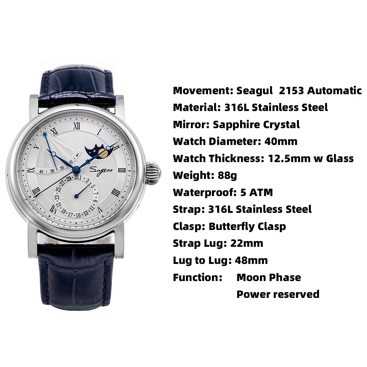 2023 Sugess Watch of Men Automatic Mechanical Moon-Phase Wristwatches Power Reserved  Sapphire WaterResistant Tianjin Movement
