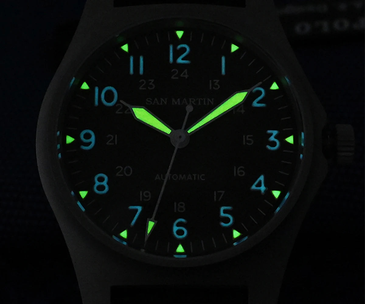San Martin Pilot Watch 38mm NH35 Retro Military Automatic Mechanical Wristwatch Bead Blasted Case Waterproof 100m SN0137