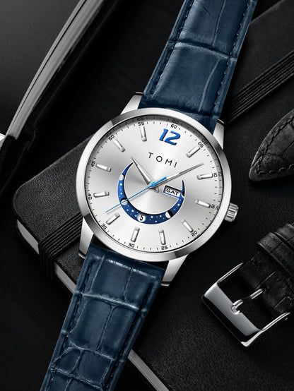 TOMI-kvartsur, elegant i affärsstil, med läderarmband, boett i legering och urtavla med visare – Exklusiv design, presentidé för män