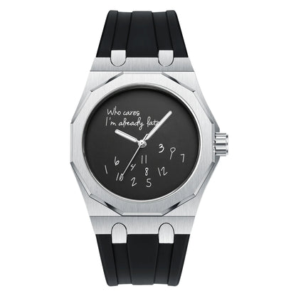 Orologio da uomo di lusso con cassa ottagonale e cinturino in silicone, impermeabile, dotato di un quadrante che riporta lo slogan umoristico «Who Cares I'm Already Late» (E allora? Sono già in ritardo).