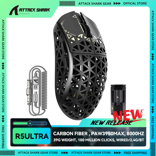 ATTACK SHARK R5Ultra Carbon Fiber Wireless 8K PAW3950MAX Gaming Mouse with 8K Coiled Cable,